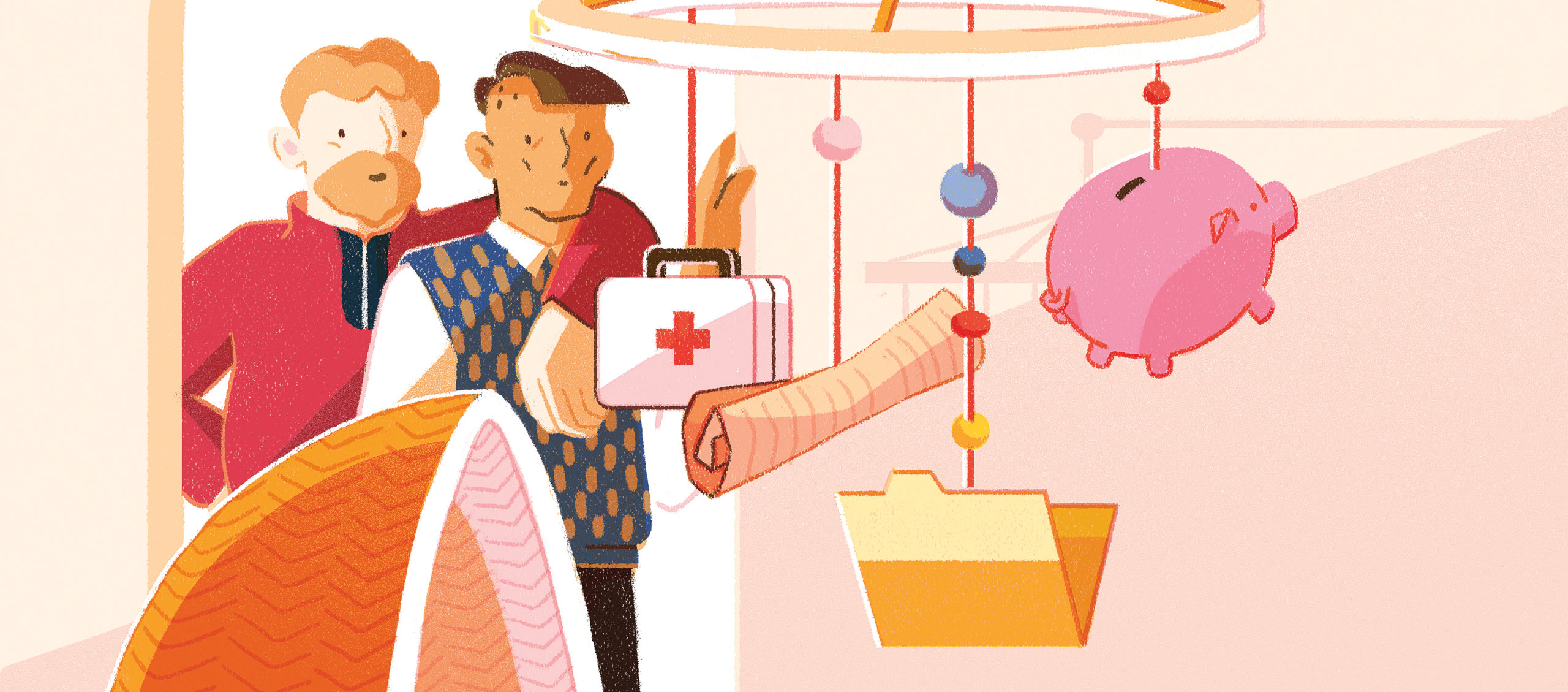 Male couple in front of baby mobile