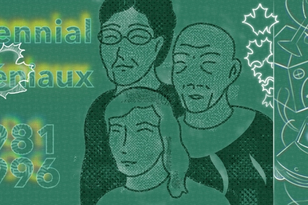 A sketch of a family and the word millennial and the years 1981-1996